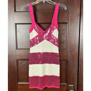 Retro Sequined Textured Sweater XS/S Mini Dress White Pink Stripe Show Stopper